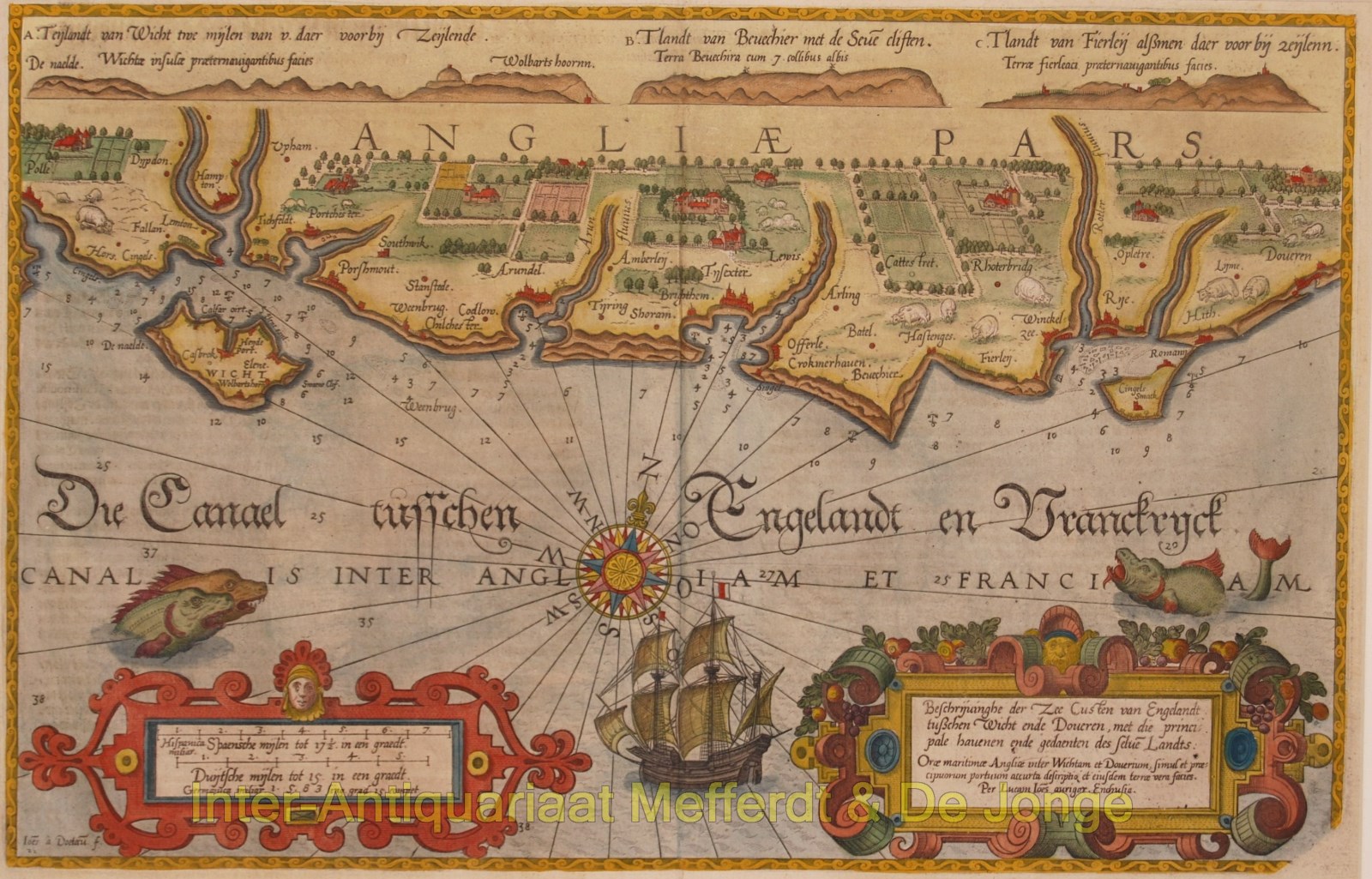 Waghenaer-- Lucas Janszn. - England, coastal chart between Wight and Dover - Waghenaer, 1586