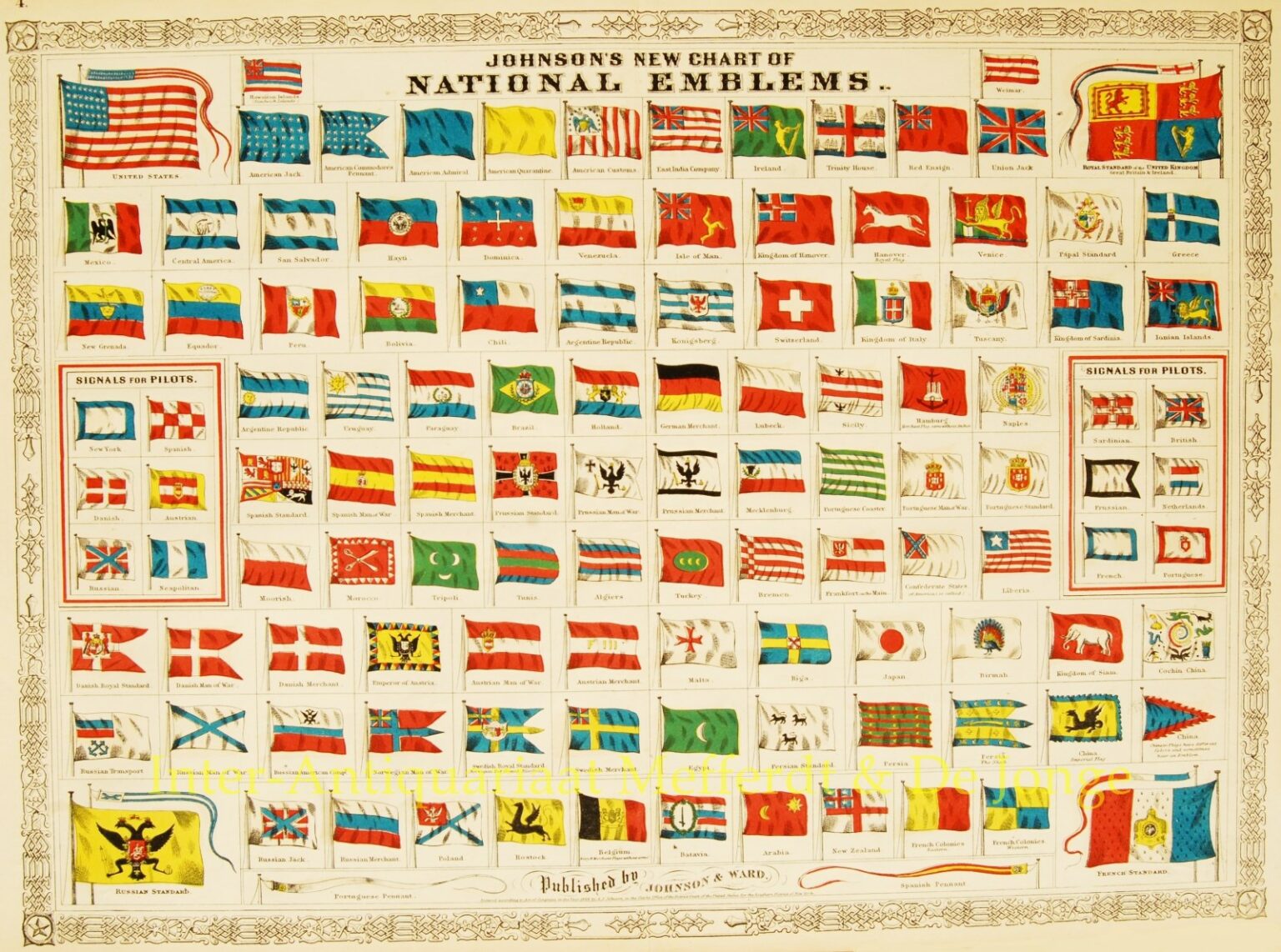 historic flag chart original 19th century engraving antique print
