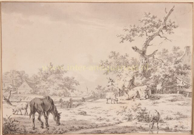 Landschap met vee tussen boerderijen. Tekening van de hand van Jacob Cats uit 1799.