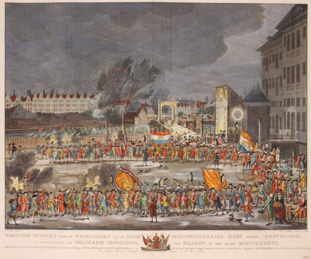 Optocht van de stadsschuitenmakers tijdens de Oranjerestauratie van 1787 in Amsterdam