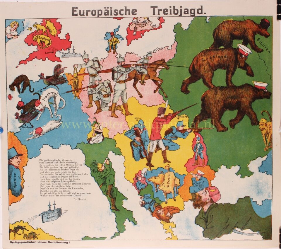 cartoon kaart van Europa aan het begin van de Eerste Wereldoorlog