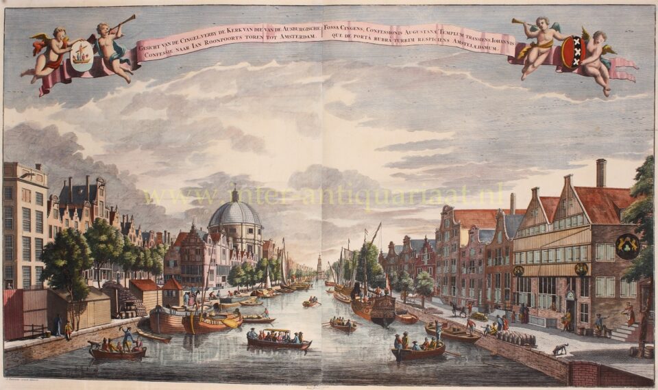 18e-eeuws gezicht op het Singel te Amsterdam. Ets met gravure vervaardigd door Jan Schenk naar een tekening van Abraham Rademaker.