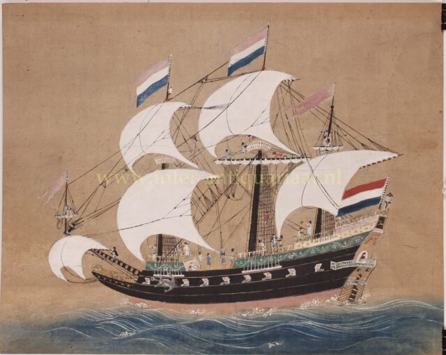 Hollands schip in Japan. Tekening met gouache vervaardigd door een anonieme kunstenaar rond 1760
