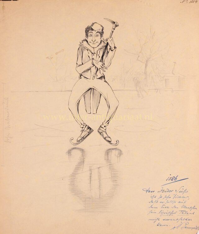 Karikatuur uit 1898 van een schaatsende Joodse dichter op het ijs