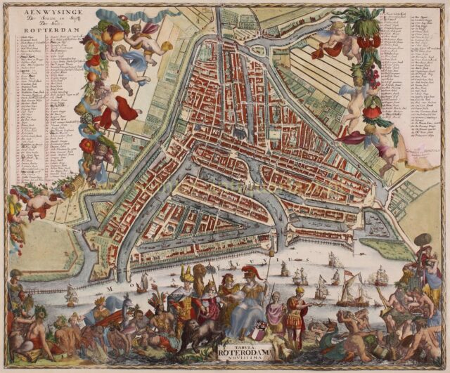 prachtig gedecoreerde 17e-eeuwse kaart van Rotterdam