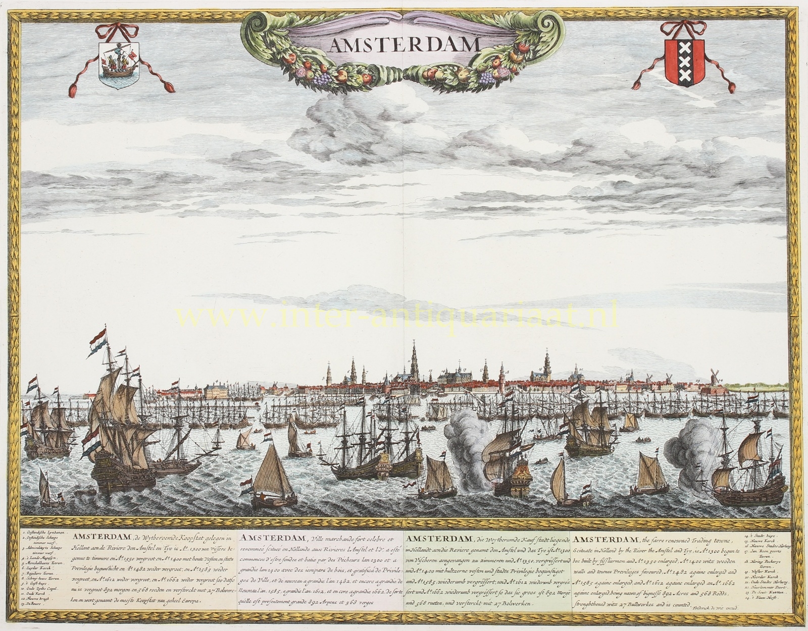 Antique Amsterdam engraving showing the city and harbour from the IJ, Frederick de Wit, c. 1665
