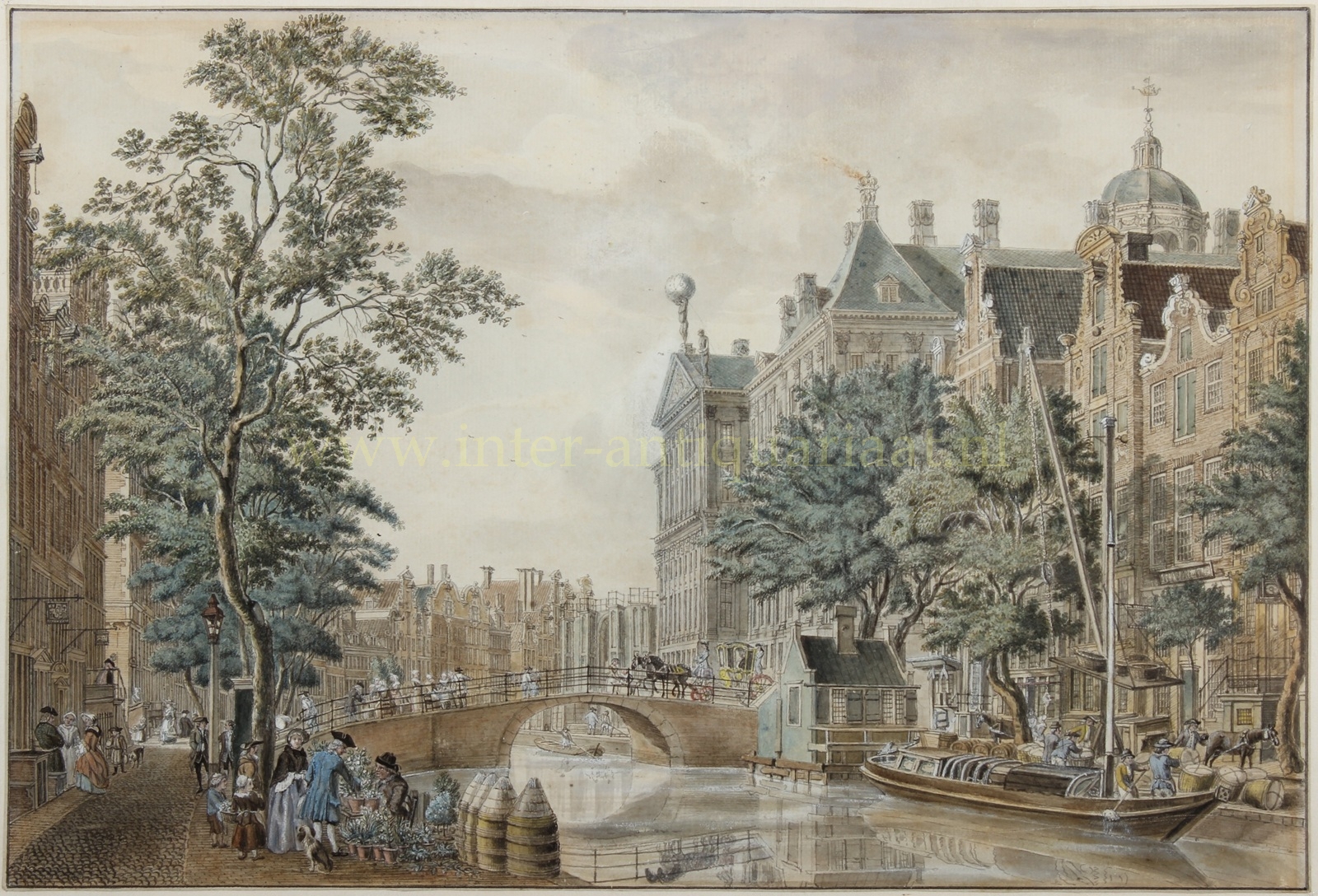 Antique Amsterdam drawing of the Nieuwezijds Voorburgwal with flower market and Town Hall by Jan de Beijer, c. 1759