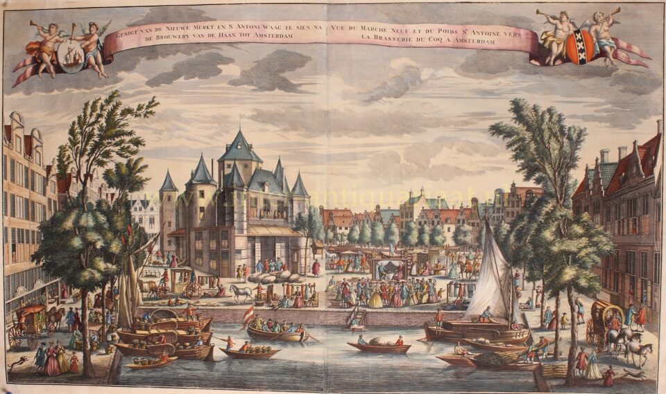 18e-eeuwse voorstelling van de Waag en Nieuwmarkt te Amsterdam