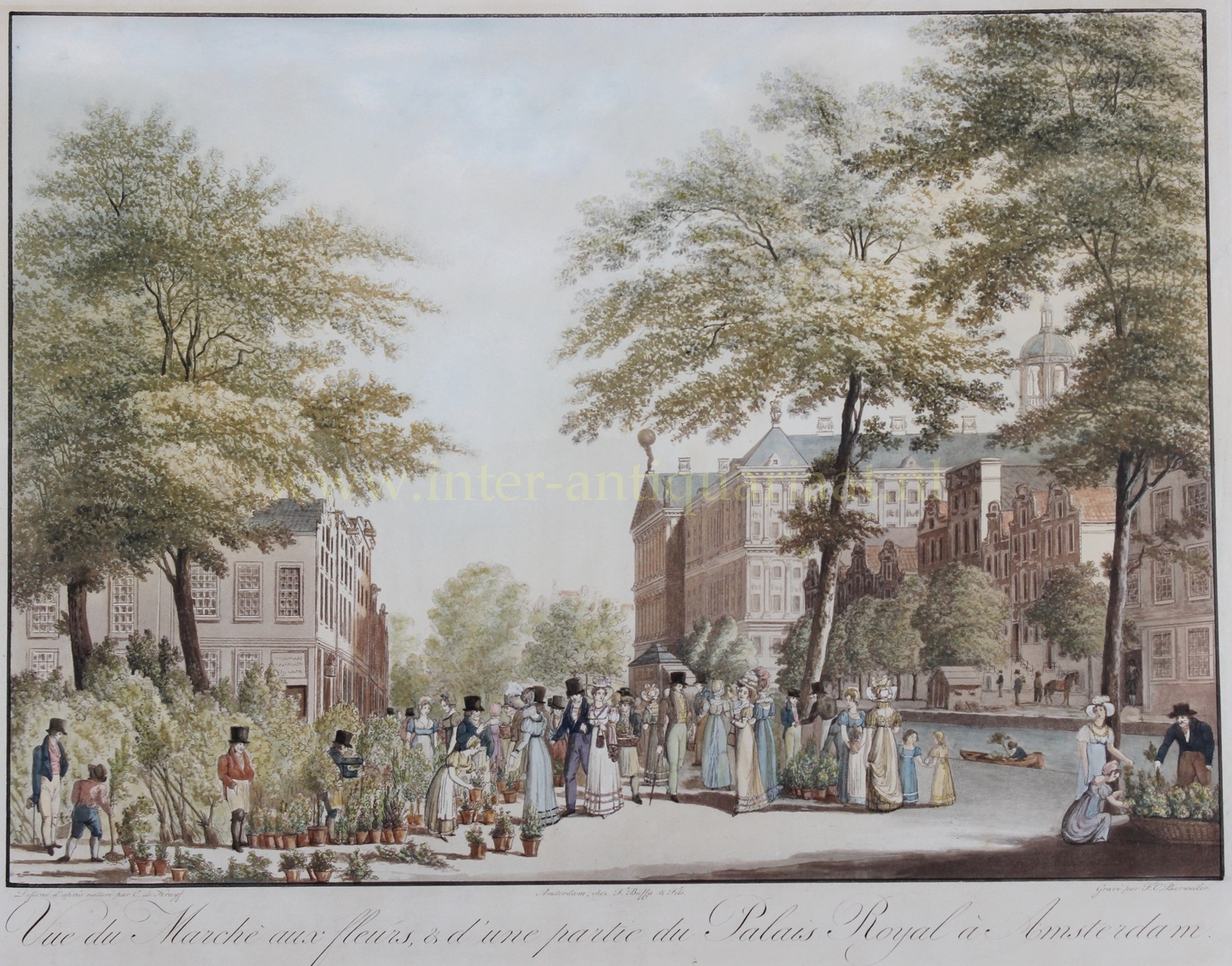 Hand-coloured antique print of Amsterdam’s flower market on the Nieuwezijds Voorburgwal, ca. 1825, with the Royal Palace
