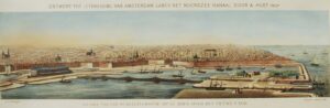 original lithograph of a proposed Amsterdam harbour expansion, c. 1874, showing the new IJ Dock, a bridge and a planned railway station.