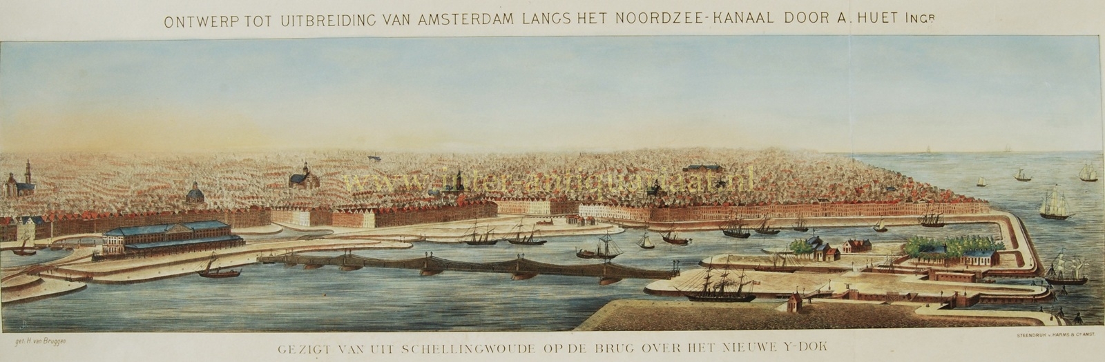original lithograph of a proposed Amsterdam harbour expansion, c. 1874, showing the new IJ Dock, a bridge and a planned railway station.