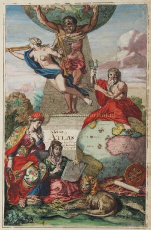 Antique atlas title page by Gerard de Lairesse, 1668, with Atlas and allegorical figures