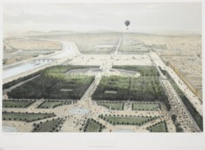 Balloon above Paris 19th century view original lithograph