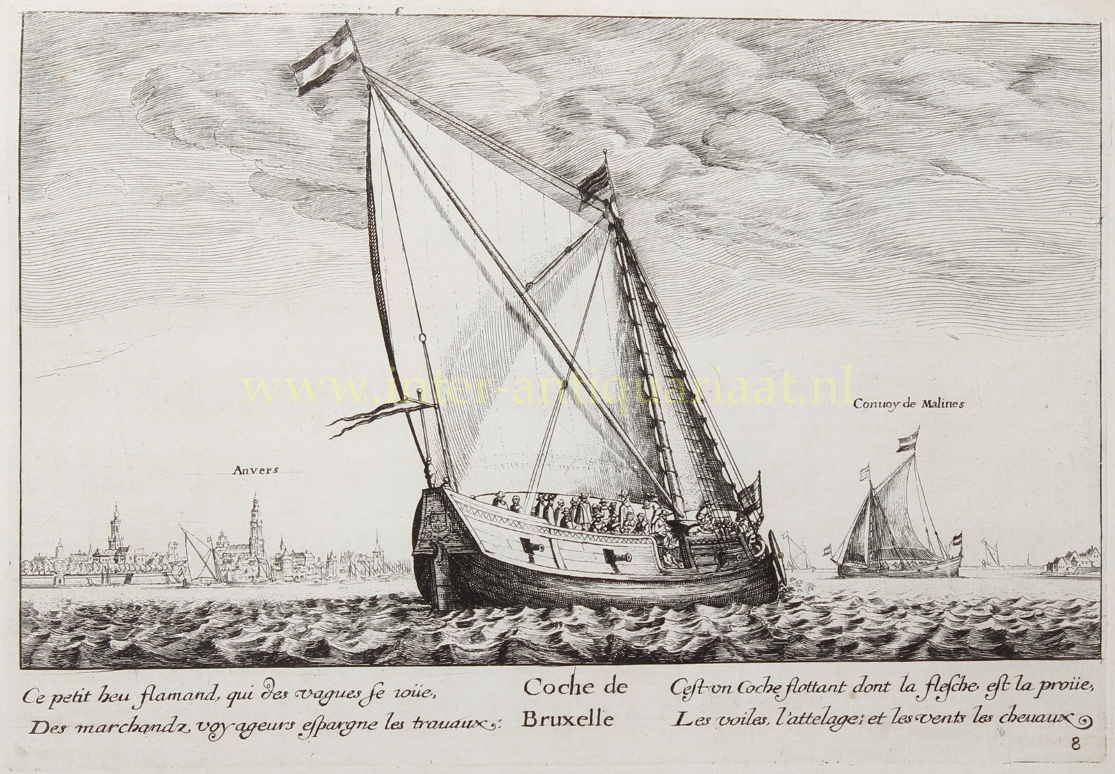 Coche de Bruxelle, 17th-century etching after Wenceslaus Hollar showing the Brussels heu, a Flemish passenger barge near Antwerp.