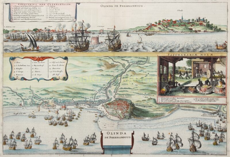 Etching of the Dutch landing at Olinda and Povo, later Recife, Pernambuco, by Wenceslaus Hollar, published by Johannes Janssonius in 1657.