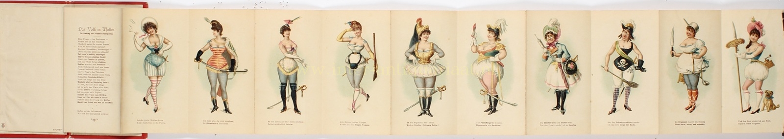 German chromolithographic satire on women’s emancipation with female soldiers, A. Sala, Berlin, c. 1892