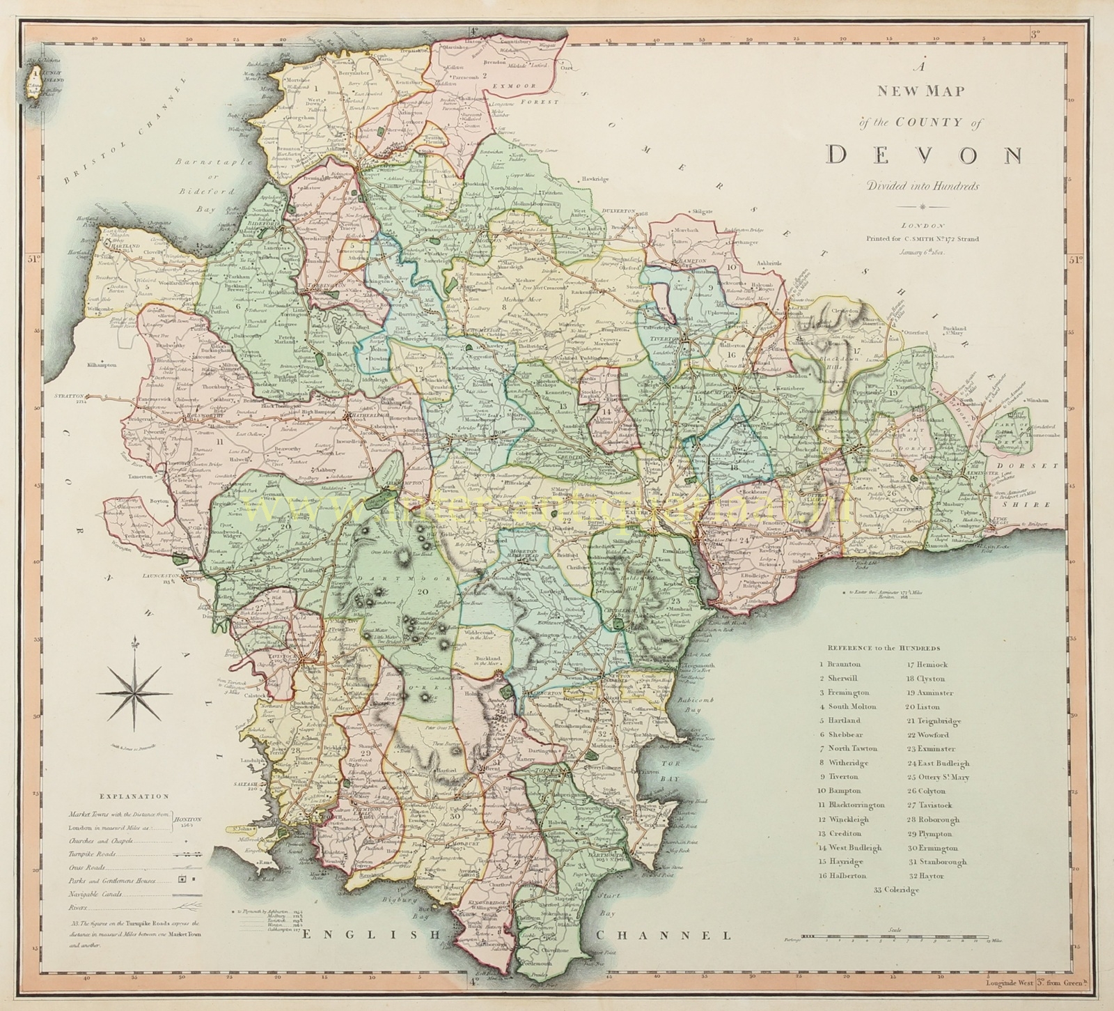 Hand-coloured antique map of Devon by Charles Smith, 1801, showing the county’s hundreds, Dartmoor, Exmoor and turnpike roads.