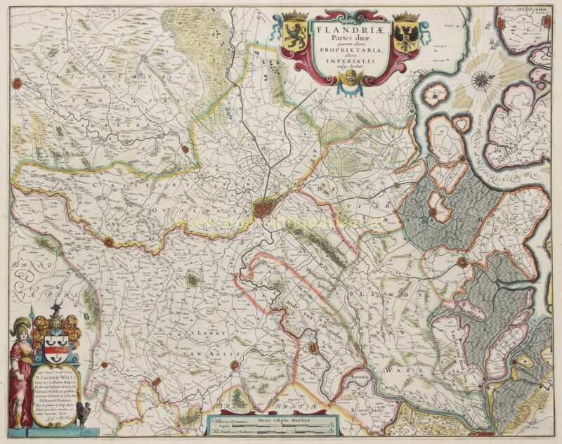 Antique map of Ghent, East Flanders and Zeelandic Flanders, published by Willem and Joan Blaeu around 1643, with original hand colouring.