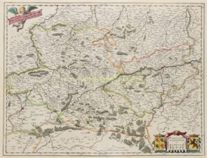 Antique map of Hainaut and Namur published by Willem and Joan Blaeu in 1635, with original hand colouring and decorative coats of arms.