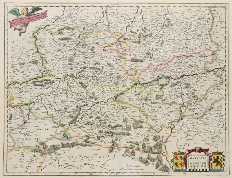 Antique map of Hainaut and Namur published by Willem and Joan Blaeu in 1635, with original hand colouring and decorative coats of arms.