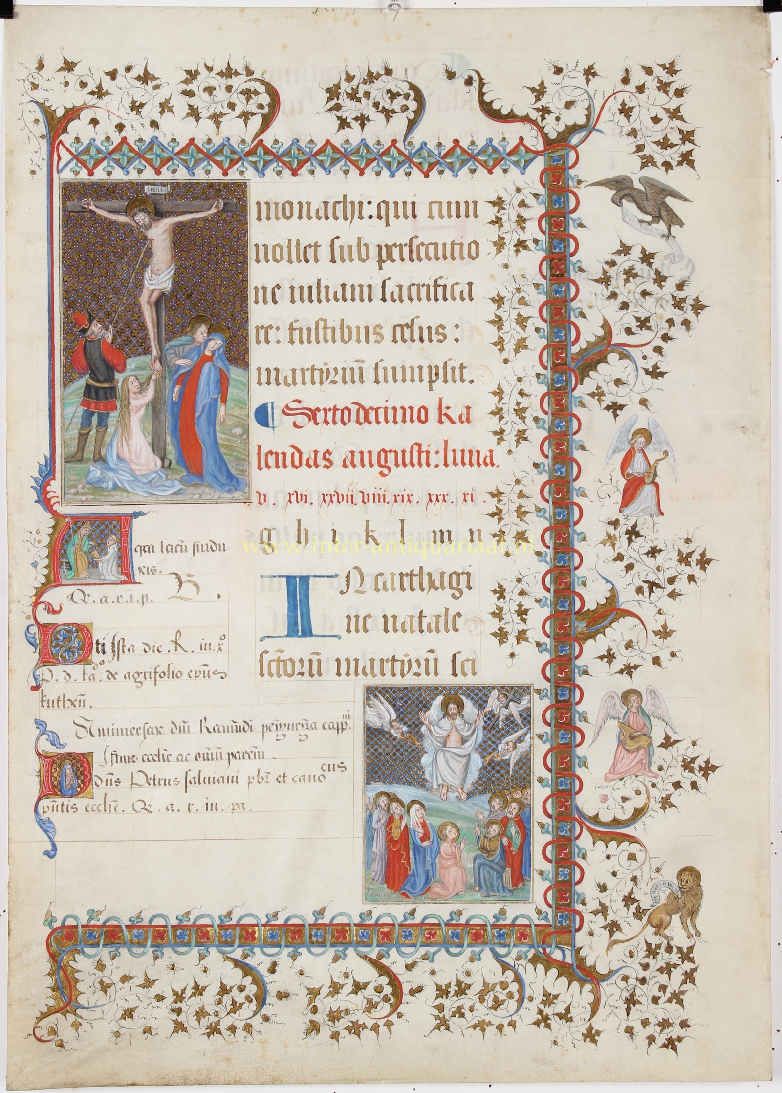 lluminated parchment manuscript leaf France 16th century with Crucifixion and Ascension