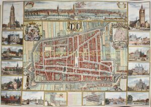 Kaart Figuratief of Delft 1703, monumental pictorial wall map with city profile and border views