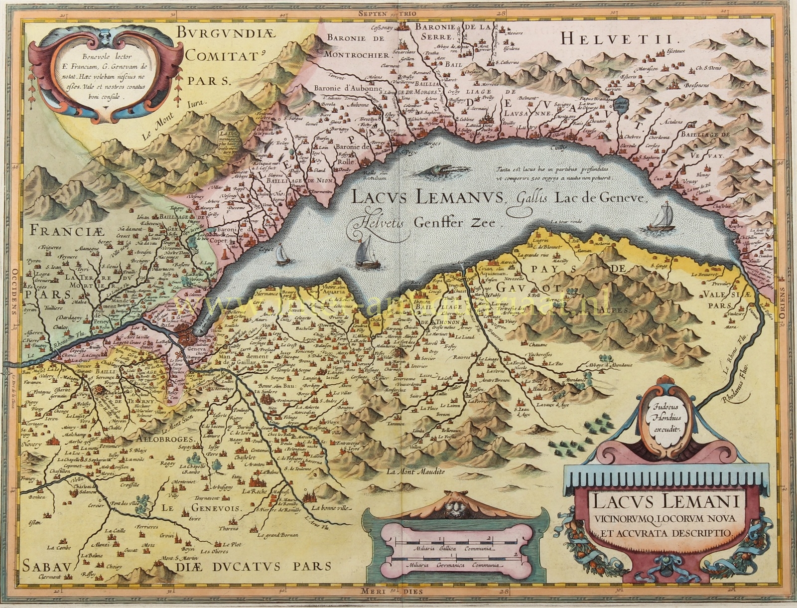 original 17th century map of Lake Geneva, published by Hodnius/Janssonius, c. 1630
