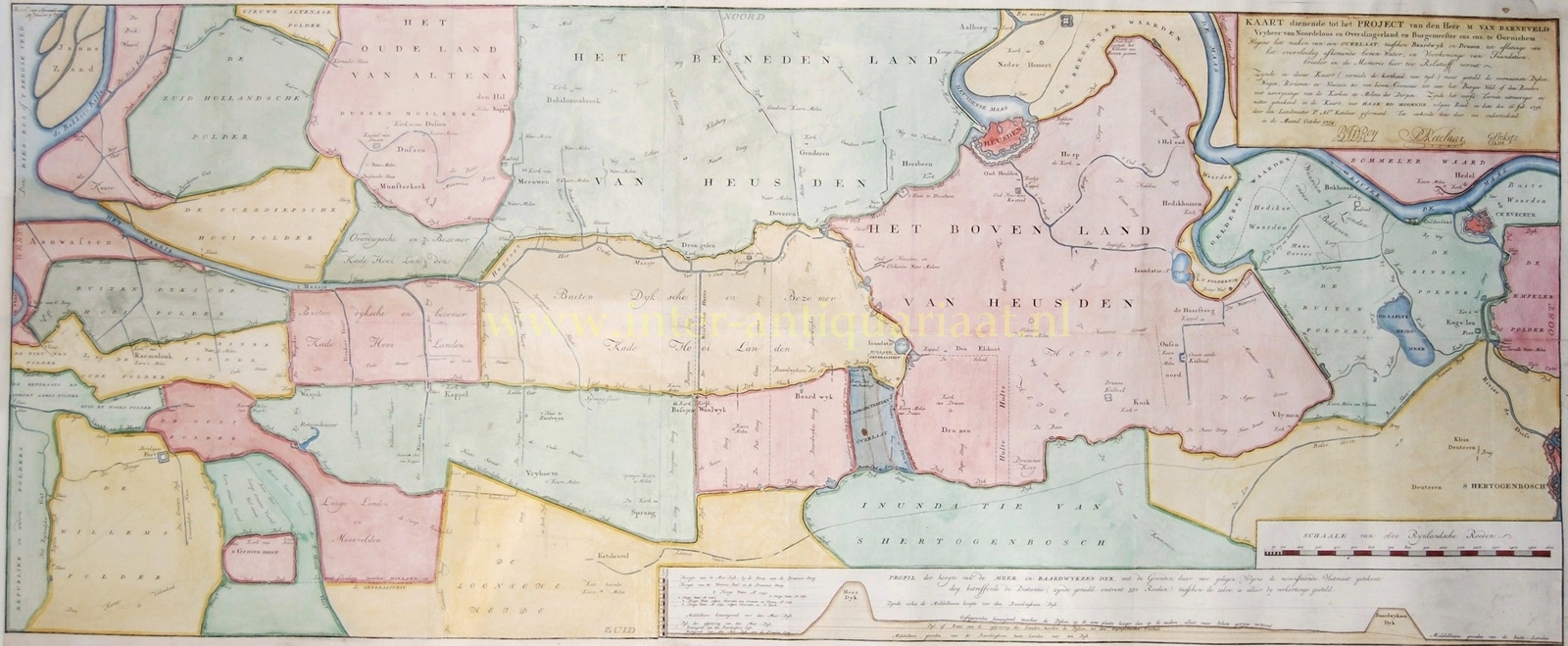 Antique map of the Land of Heusden with Heusden, Drunen, Waalwijk and the Baardwijk Overflow, 1754