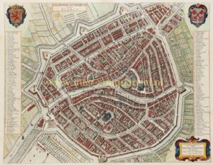 Antique map of Leiden 1649 by Joan Blaeu, hand coloured and heightened in gold and silver