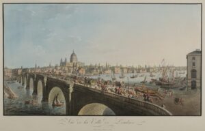 Antique hand-coloured print of London with Blackfriars Bridge and St Paul’s Cathedral, c. 1811