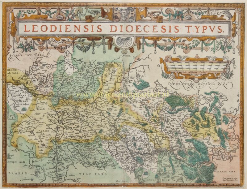 Hand-coloured antique map of Liège and Limburg from 1587 by Abraham Ortelius, showing Maastricht, Hasselt, Namur and the Ardennes