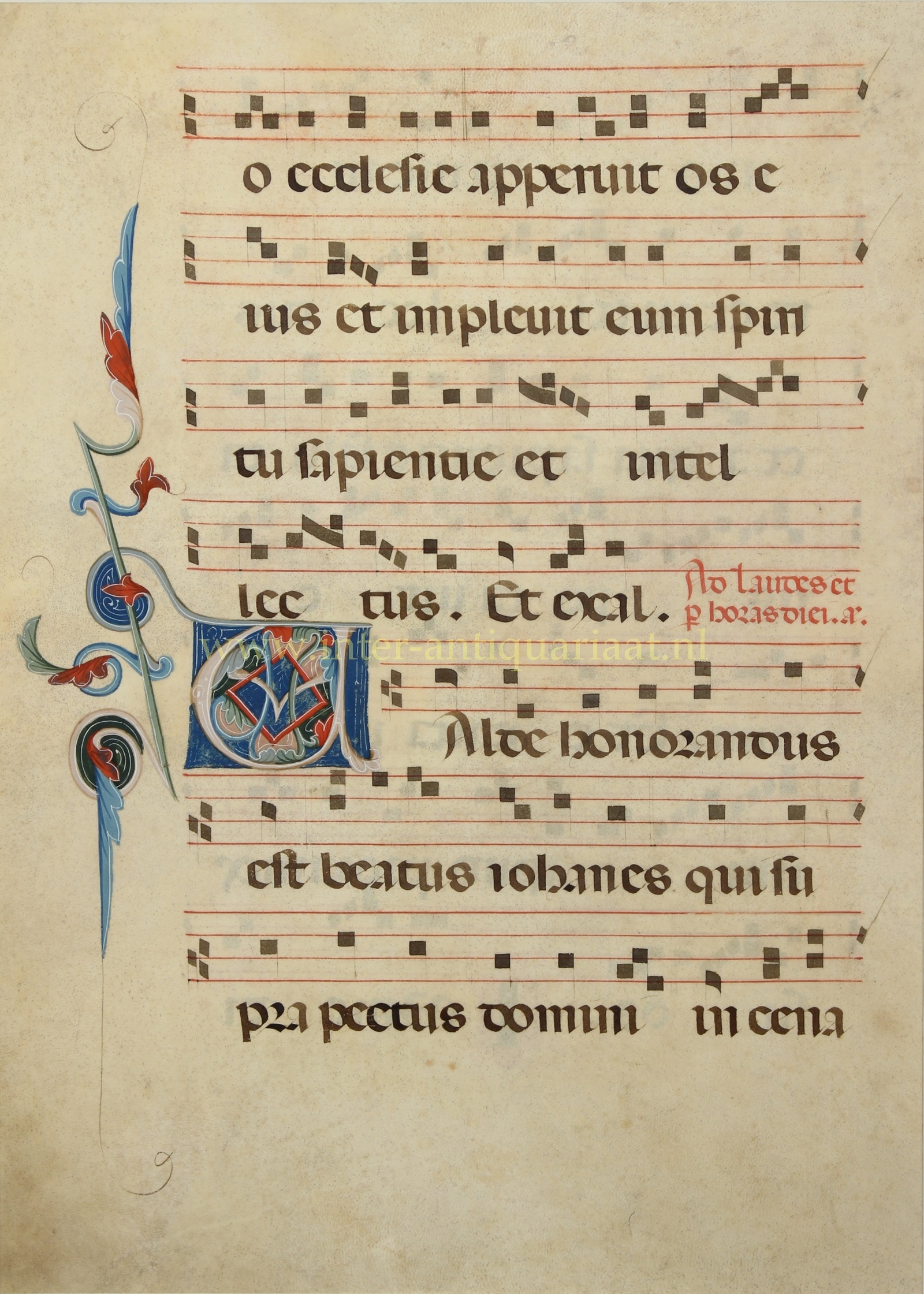 Medieval illuminated manuscript leaf on parchment with Gregorian music and decorated initial, Tuscany c. 1300