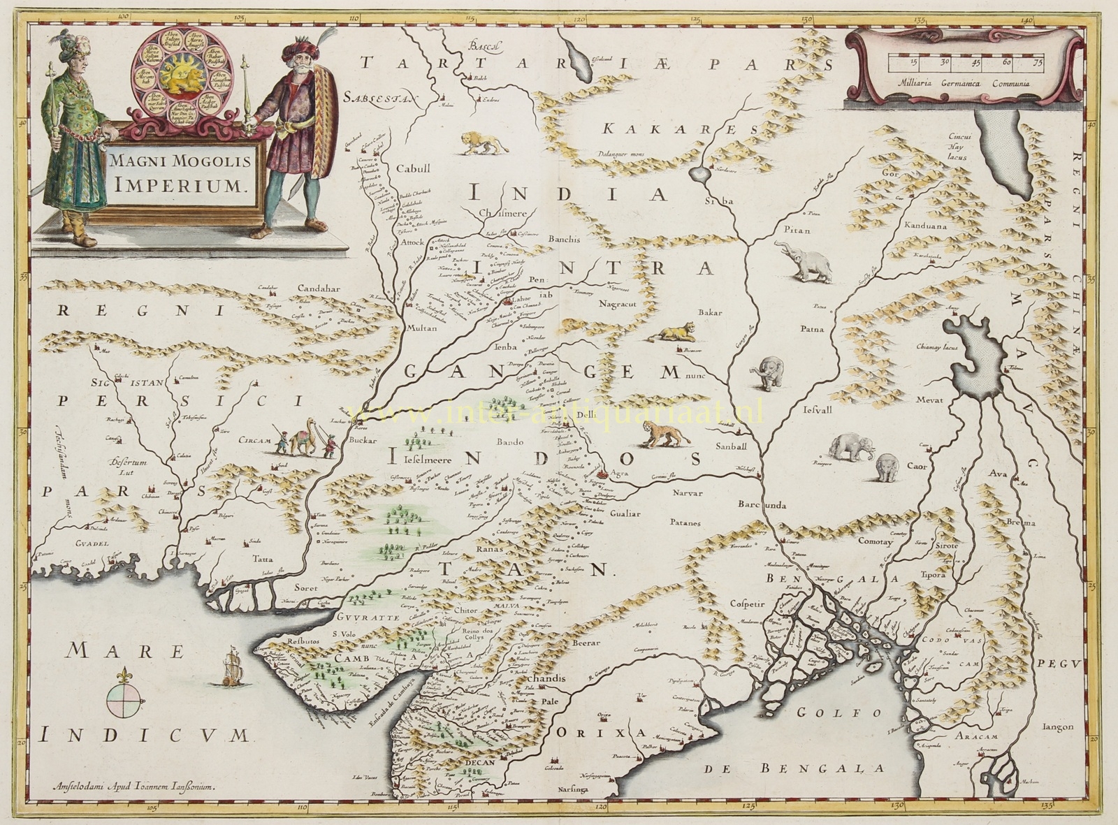 Original 17th-century map of India and the Mughal Empire by Johannes Janssonius, showing the imperial cartouche, elephants and other animals.