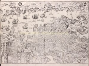 Een van de eerste in Japan gedrukte kaart van Nagasaki met Deshima. Houtsnede vervaardigd in 1778.