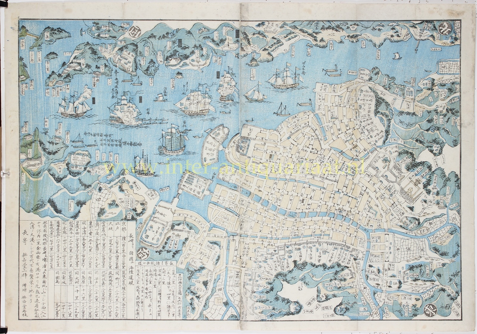 Antique Japanese woodblock map of Nagasaki and Dejima, c. 1860