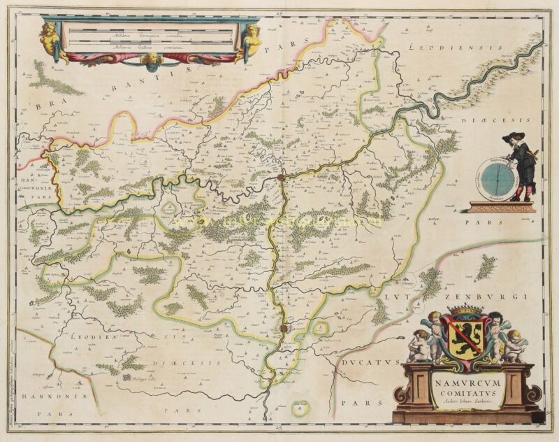 Antique hand-coloured map of the County of Namur, Wallonia, published by Blaeu in 1635, showing the Meuse, Sambre and Dinant.