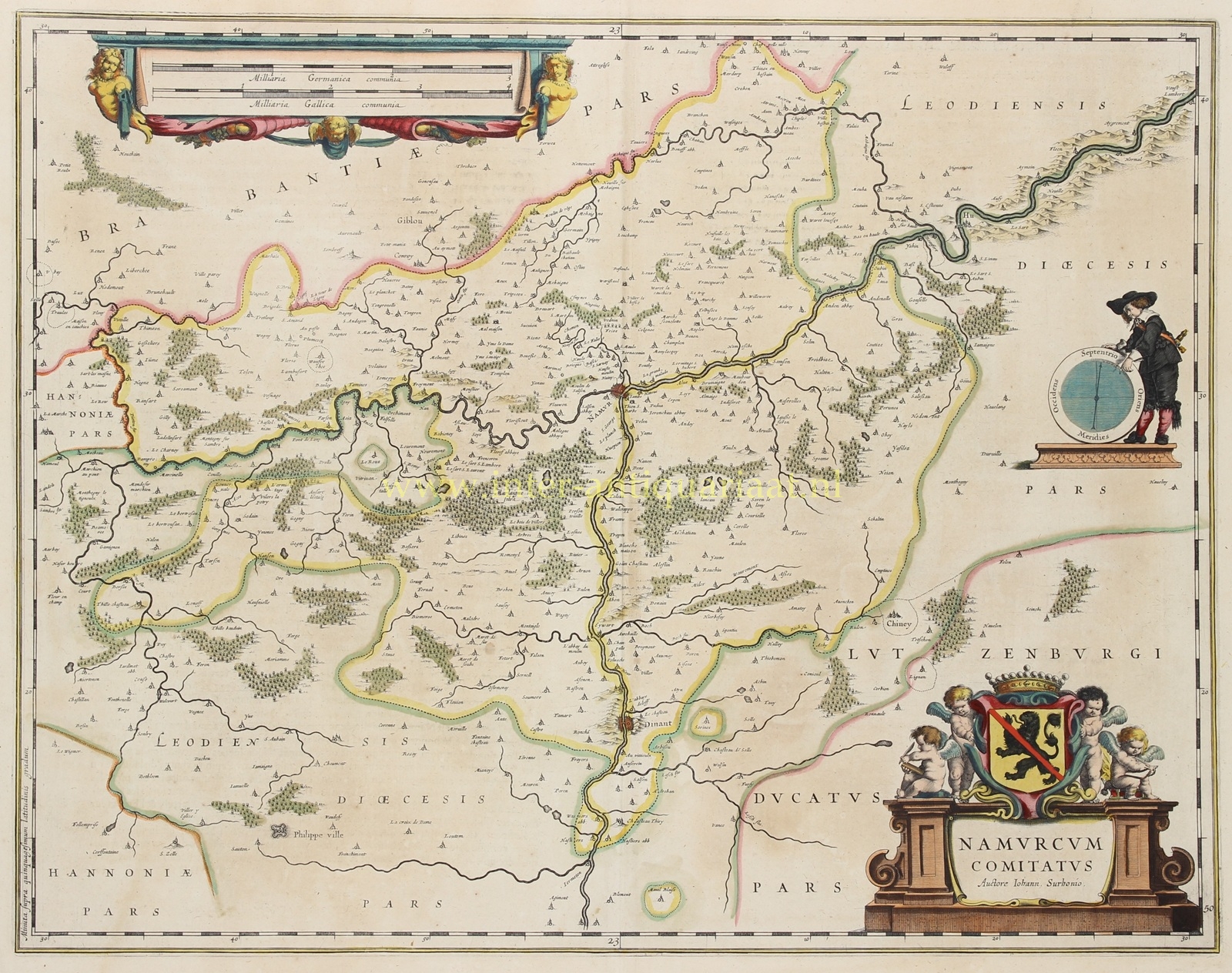Antique hand-coloured map of the County of Namur, Wallonia, published by Blaeu in 1635, showing the Meuse, Sambre and Dinant.