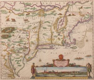 17e-eeuwse kaart van Nieuw-Nederland met een gezicht op Nieuw-Amsterdam (New York)