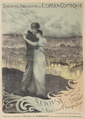 Belle Époque Paris poster with lovers above the city, 1900