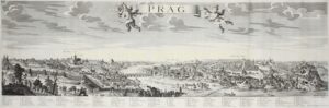 Large 18th-century panorama of Prague on the Vltava, engraved by Elias Bäck and published by Jeremias Wolff in Augsburg, with key, cartouche and coats of arms.