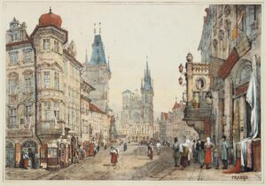 Antique print of Prague from 1833 by Samuel Prout, showing Týn Church, historic architecture and figures in the street.