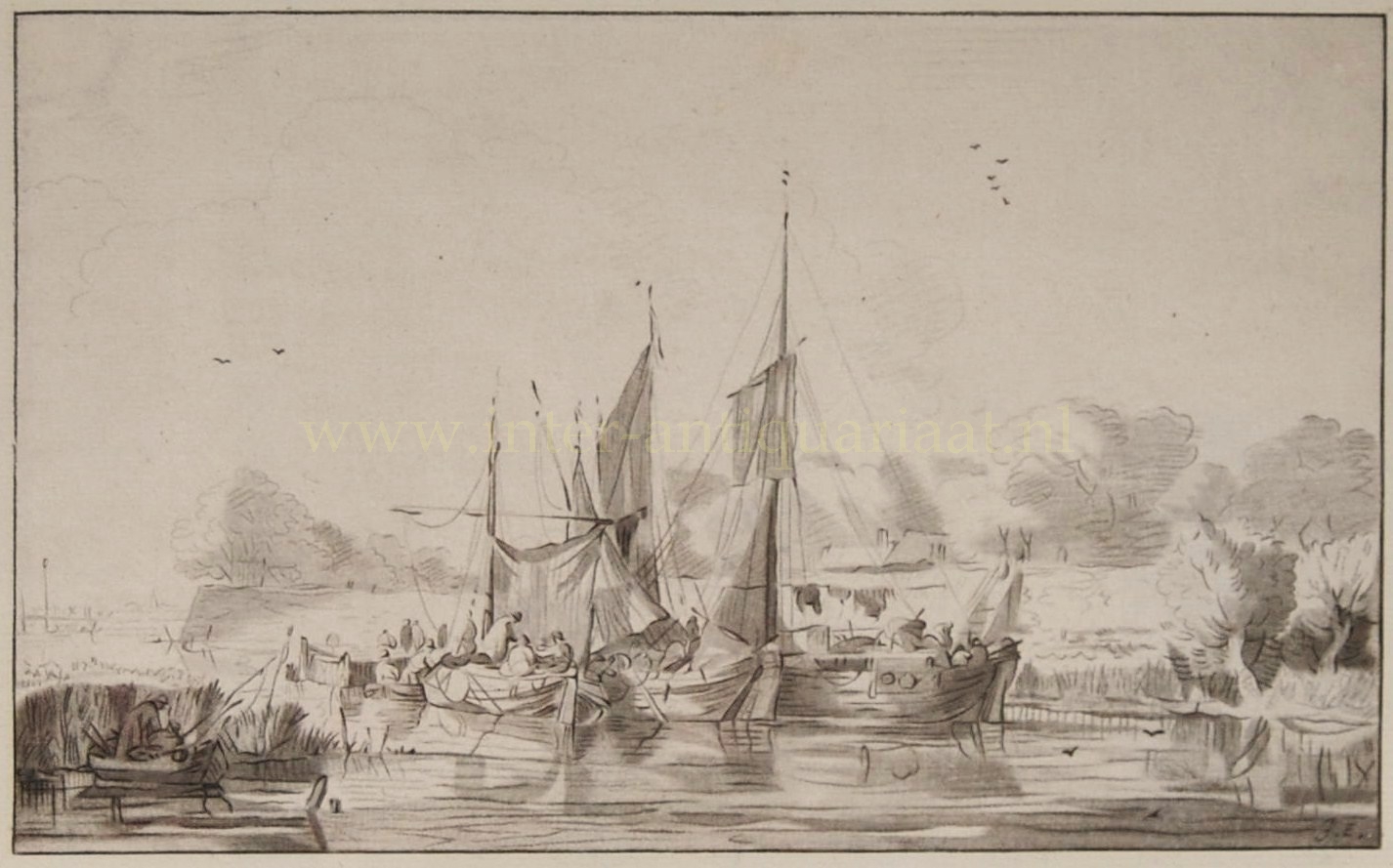 Ploos van Amstel print drawing of a river view with market barges after Jacob Esselens, 1771
