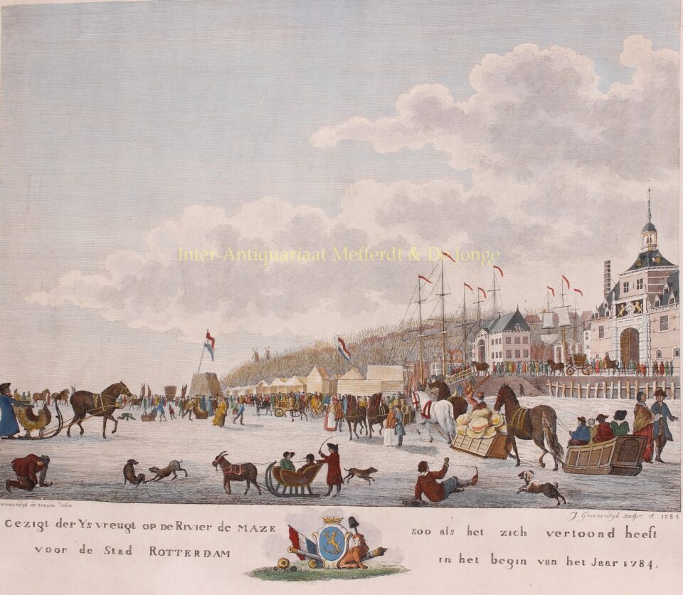 oude gravure schaatsen op de Maas voor Rotterdam 1784