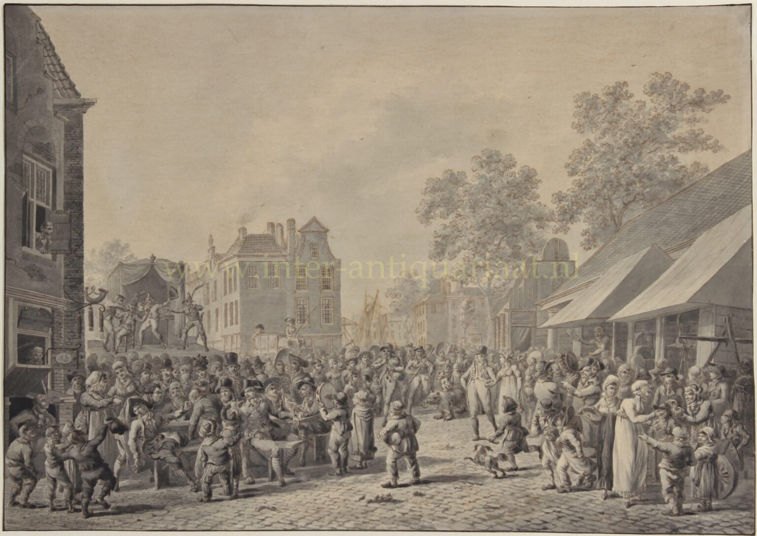 Antique drawing of the Rotterdam fair on the Nieuwemarkt in 1804 by Jan Anthonie Langendijk