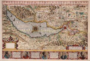 oude kaart van Zwitserland met afbeeldingen van voor de Reformatie belangrijke figuren