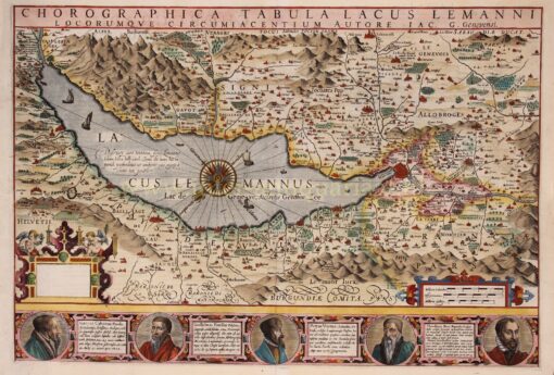 oude kaart van Zwitserland met afbeeldingen van voor de Reformatie belangrijke figuren