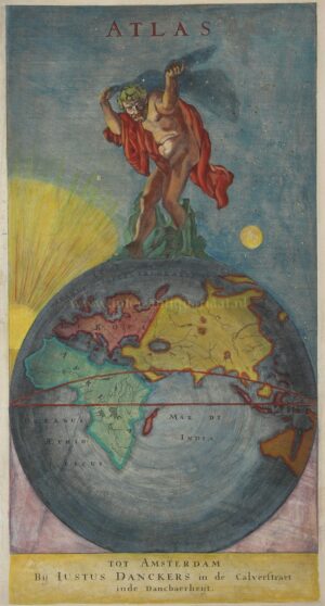 Antique atlas title page by Justus Danckerts with Atlas standing on the globe, c. 1688–1690