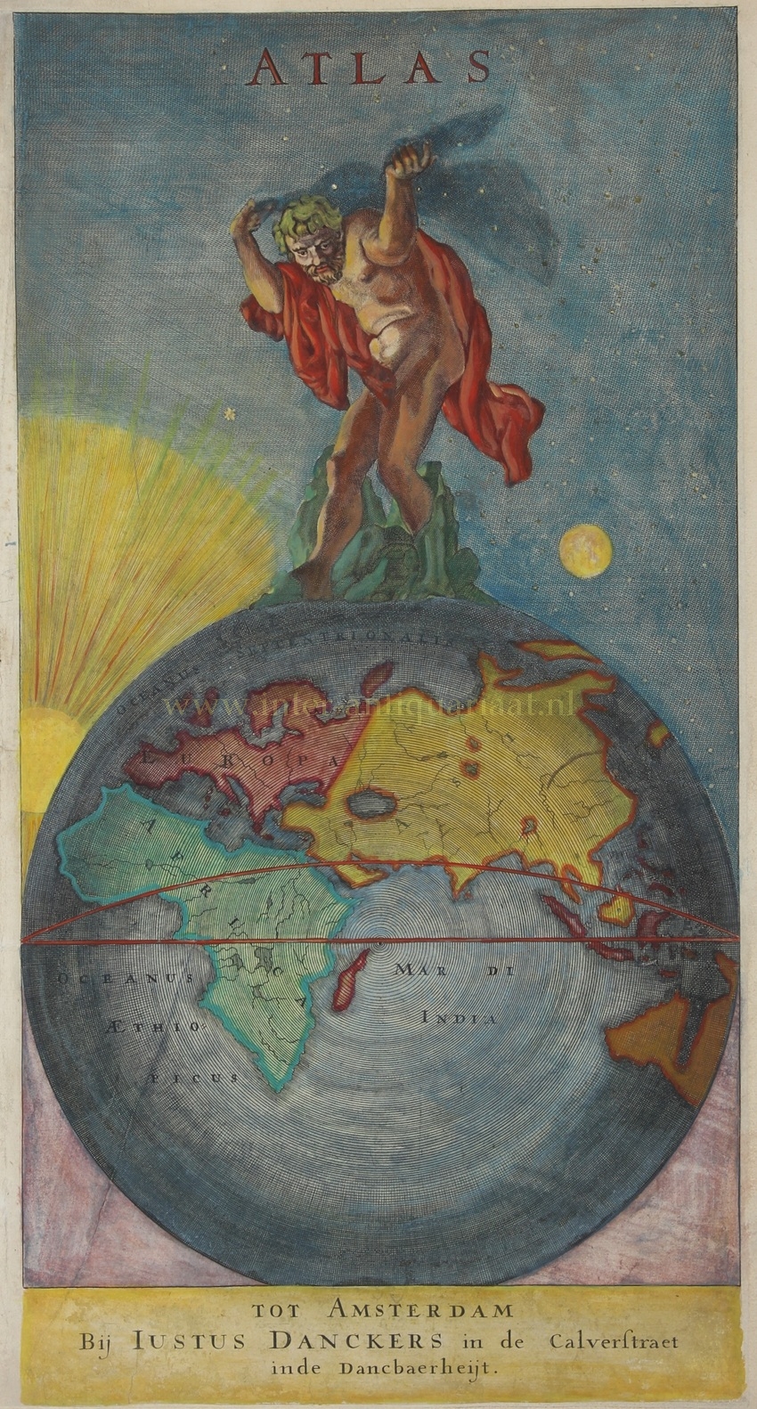 Antique atlas title page by Justus Danckerts with Atlas standing on the globe, c. 1688–1690