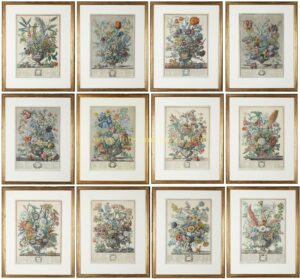 Complete set of twelve hand-coloured 18th-century flower prints after Pieter Casteels III, depicting the months of the year.