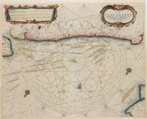 Original 17th-century sea chart of the Flemish coast from Vlissingen to Calais, published by Pieter Goos around 1665